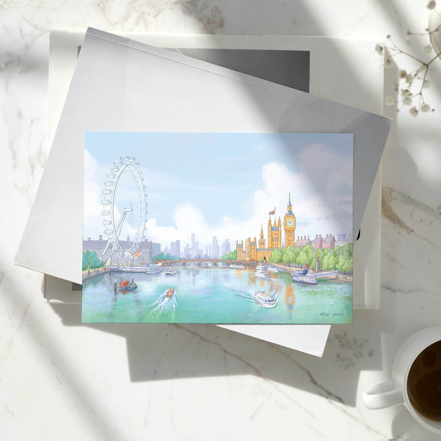 Greeting card with illustration of London's Tower Bridge and the Thames