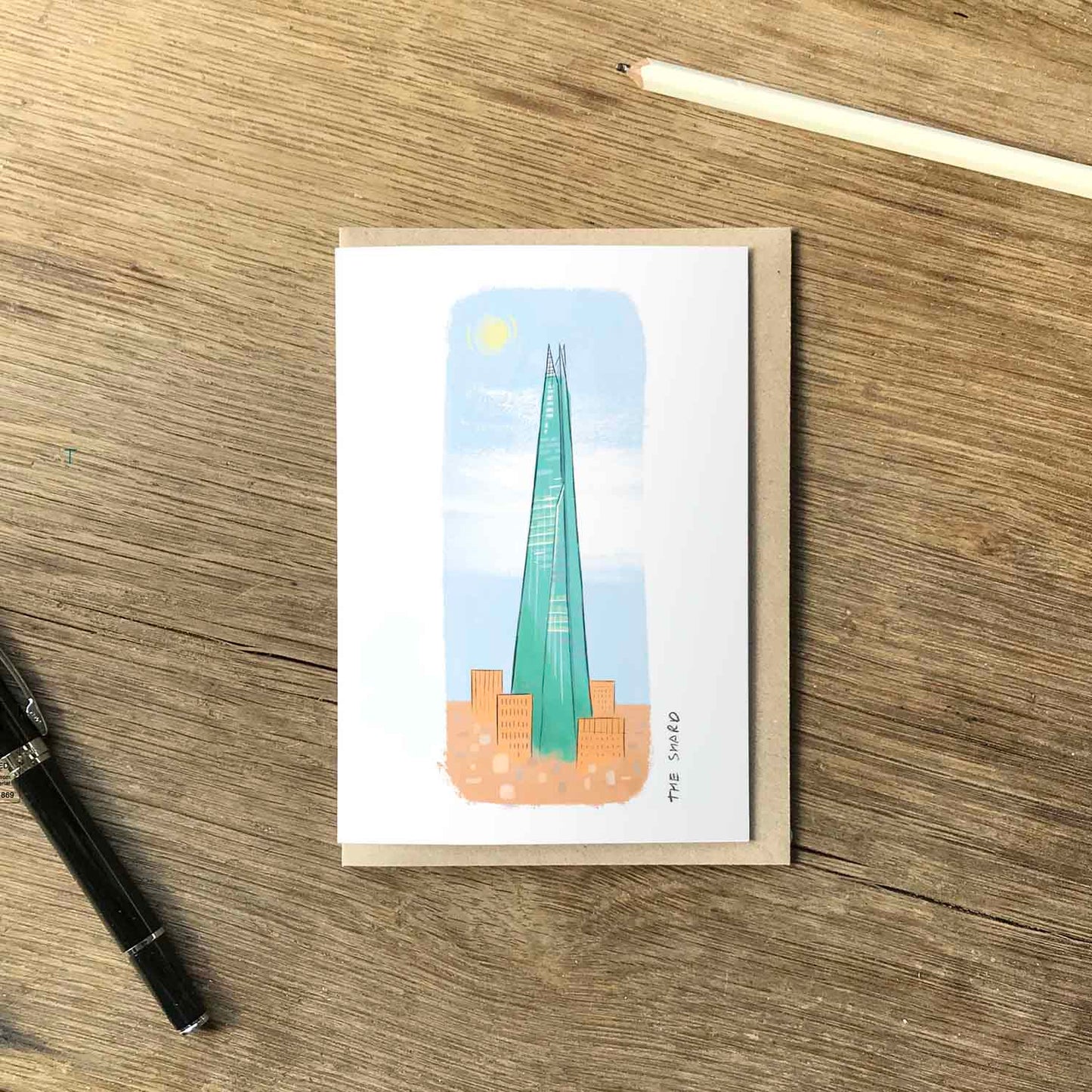 London's The Shard beautifully illustrated on a greeting card from mike green illustration.
