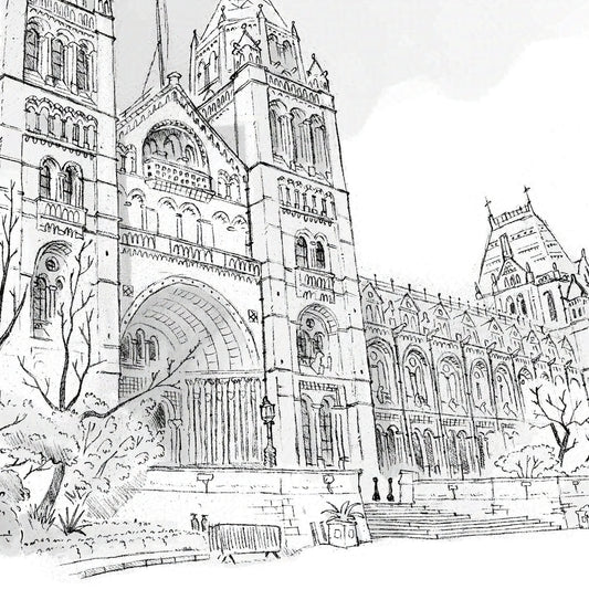 Detail from a wall art print of a sketch of London's Natural History Museum.