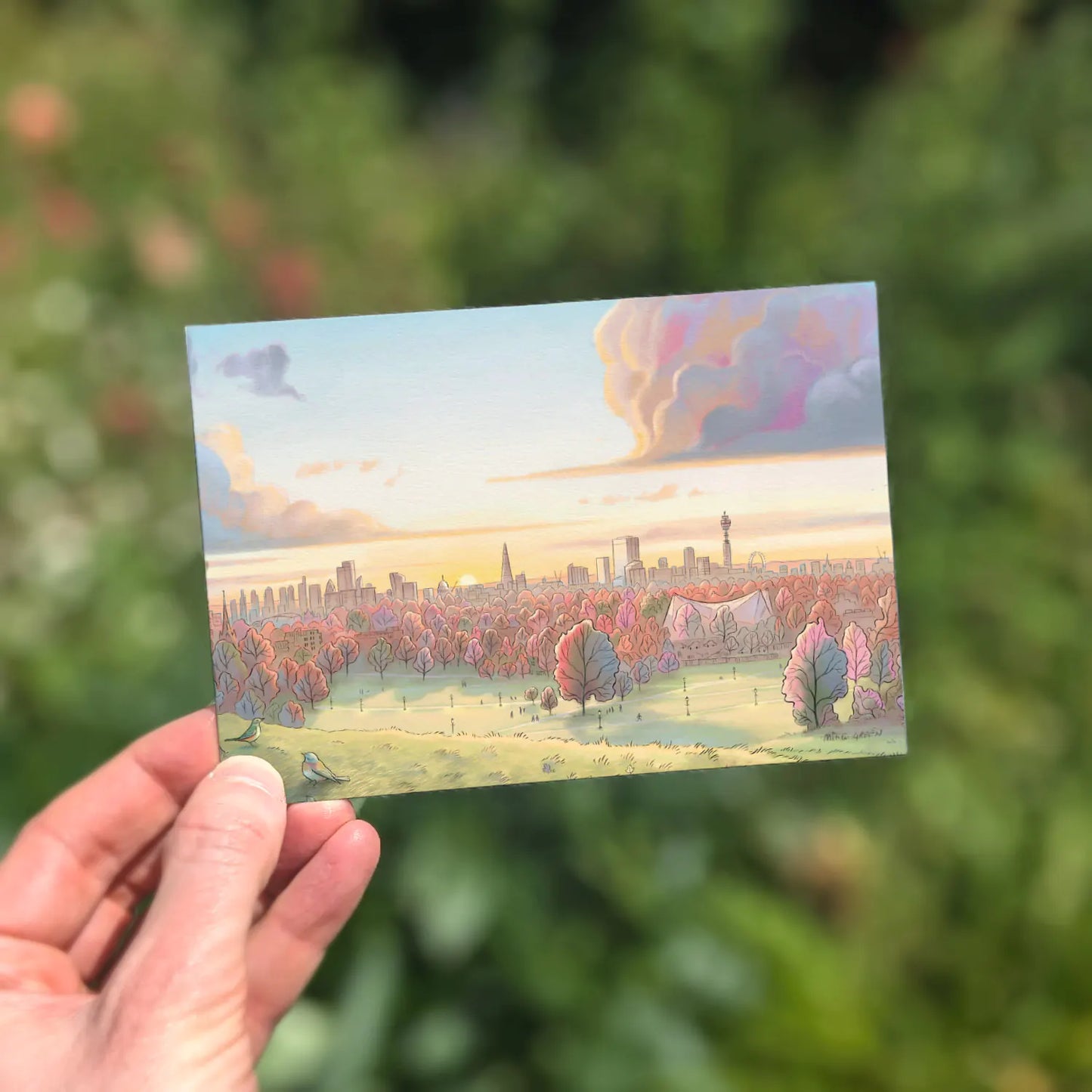 Greetings card with the view from Primrose Hill in at sunrise in the Autumn