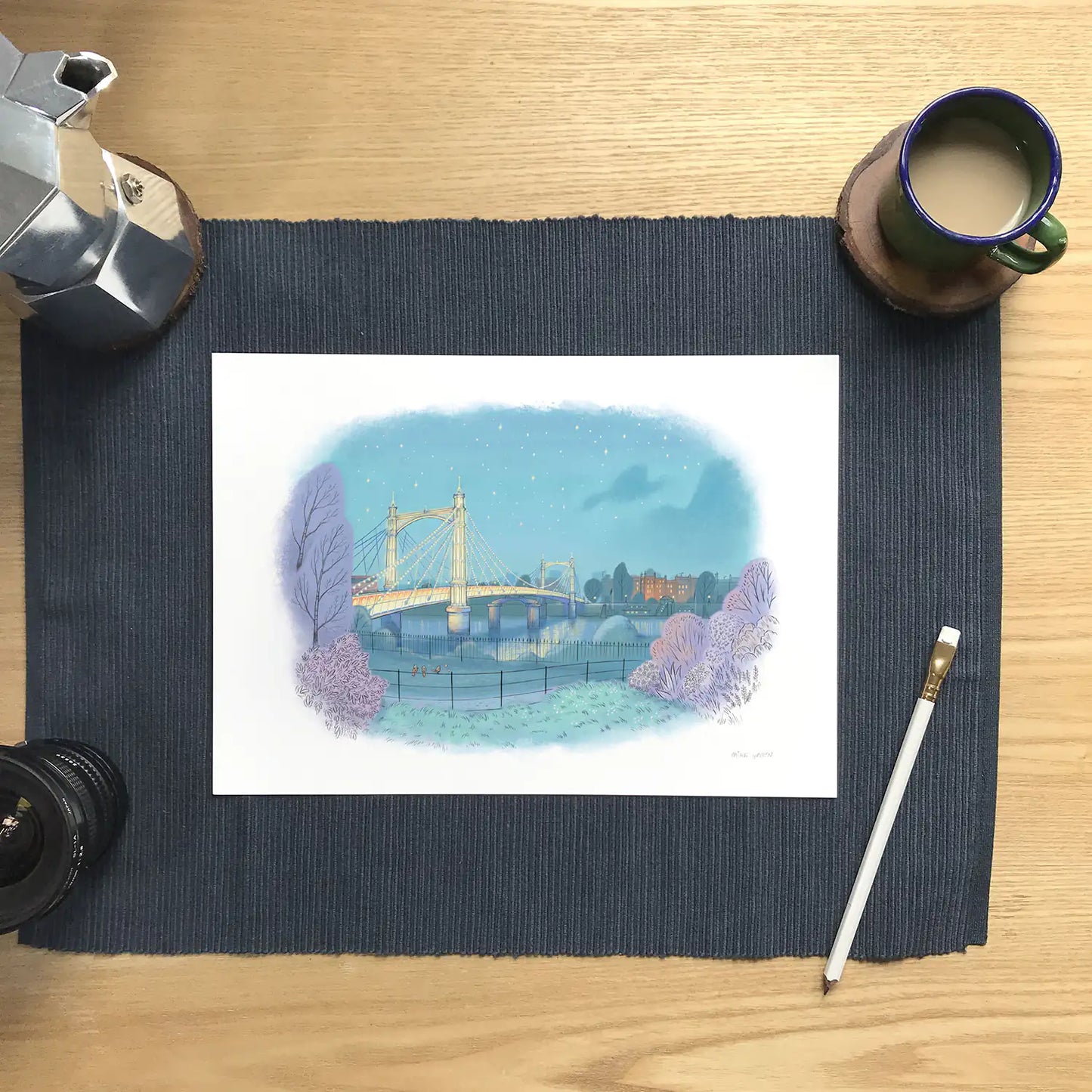 Print of a painting of Albert Bridge on the Thames seen from Battersea Park in London by Mike Green Illustration