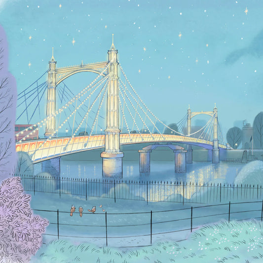 Detail from a painting of Albert Bridge from Battersea Park in London by Mike Green Illustration