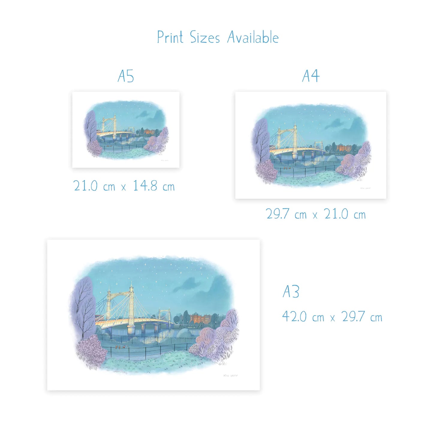 Dimensions for art prints of a painting of Albert Bridge on the Thames seen from Battersea Park in London by Mike Green Illustration