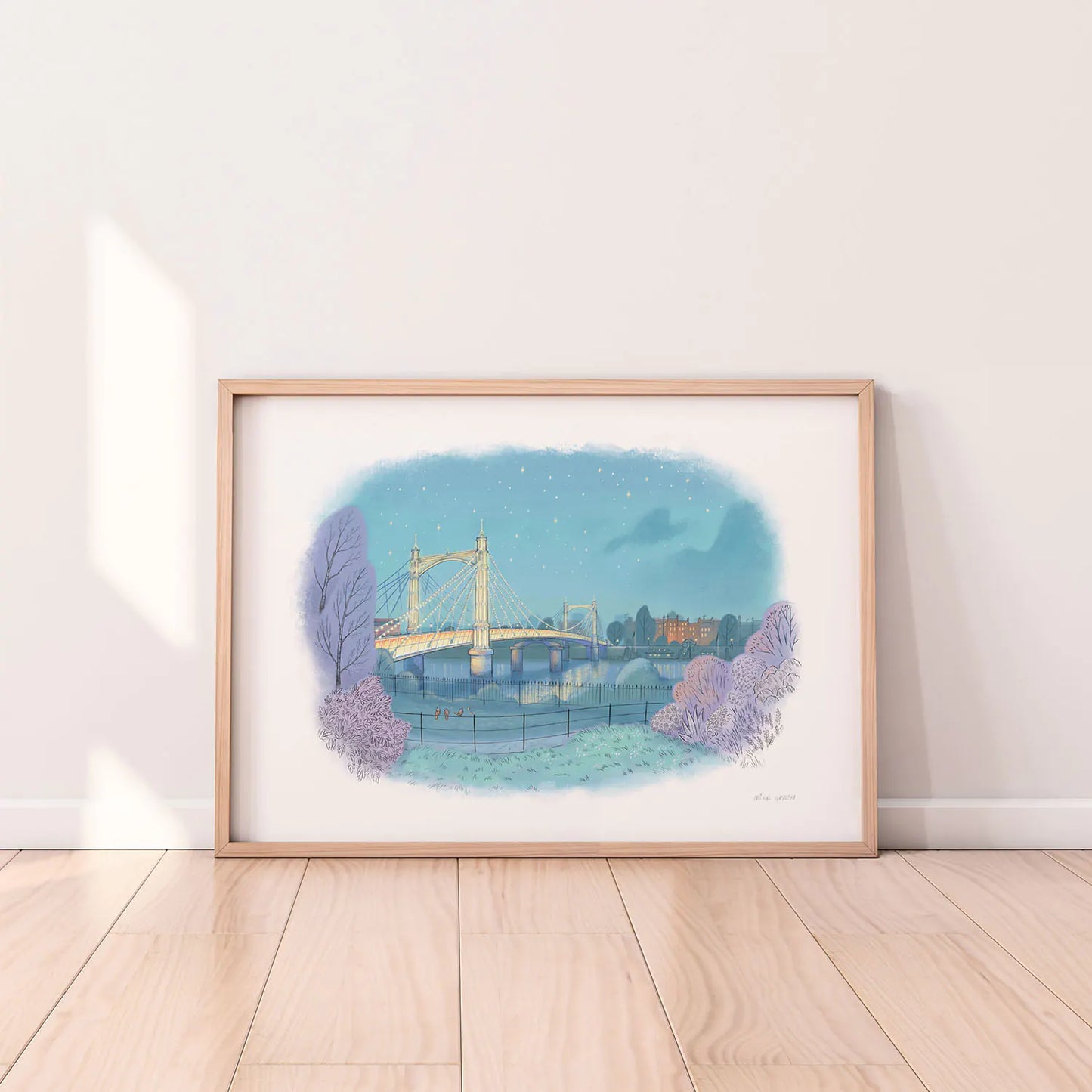 Framed art print of a painting of Albert Bridge on the Thames seen from Battersea Park in London by Mike Green Illustration