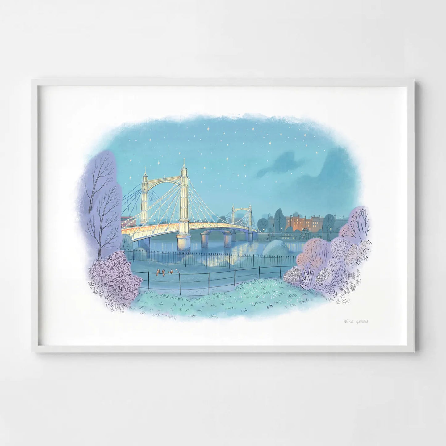Framed art print of a painting of Albert Bridge from Battersea Park in London by Mike Green Illustration