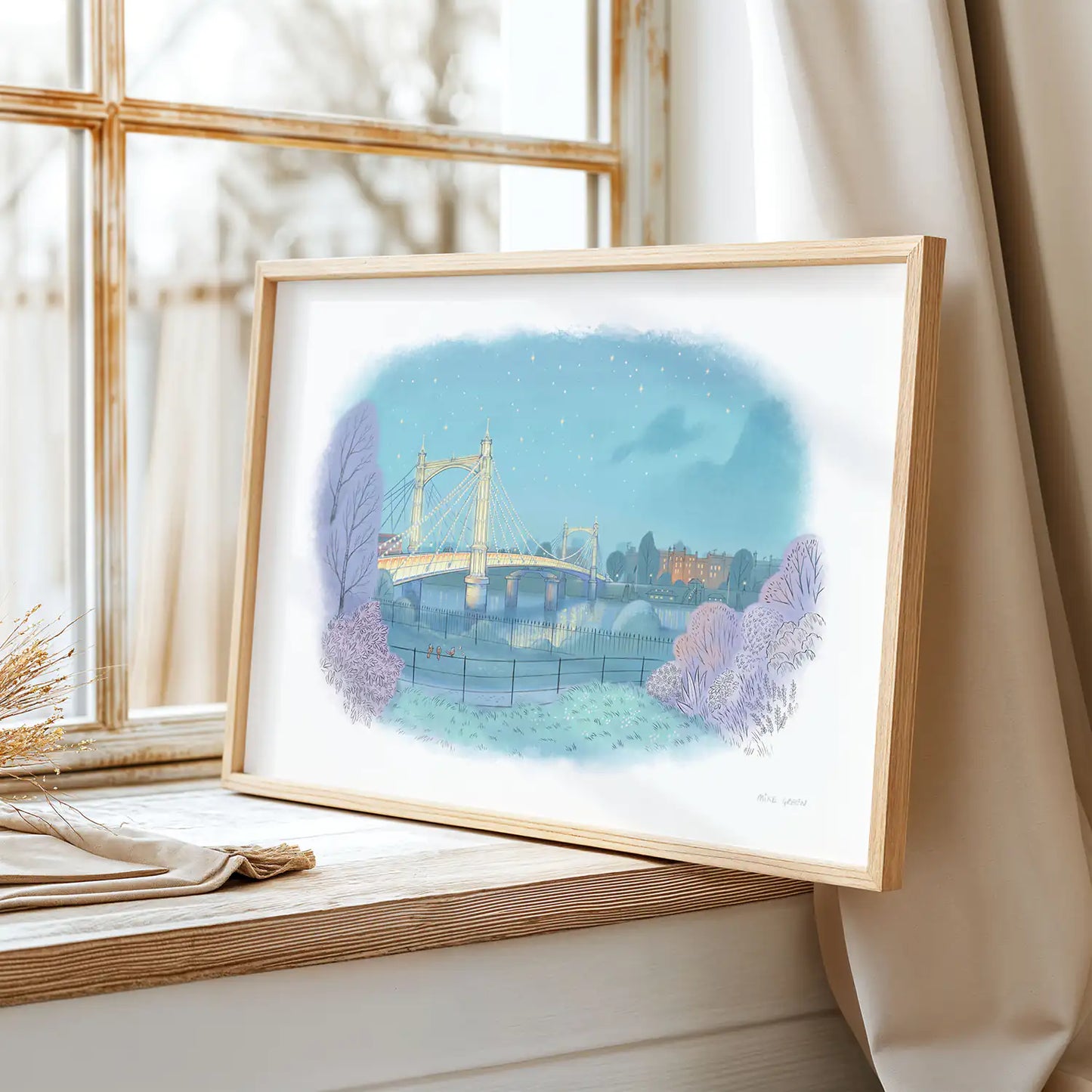 Framed art print of a painting of Albert Bridge from Battersea Park in London by Mike Green Illustration