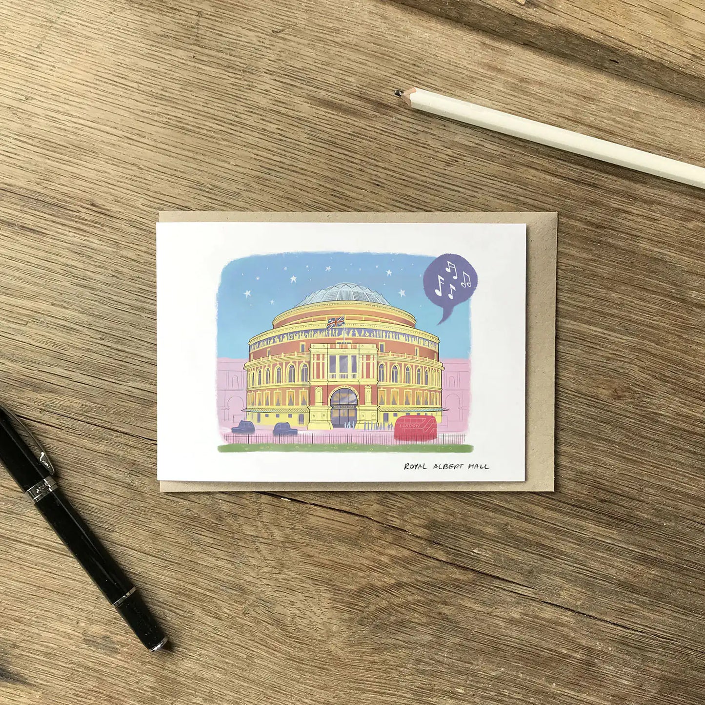 London's Royal Albert Hall illustrated on a greeting card by mike green illustration.