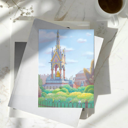 Greetings card with a painting of the Albert Memorial in Kensington Gardens, Hyde Park London on a marble table