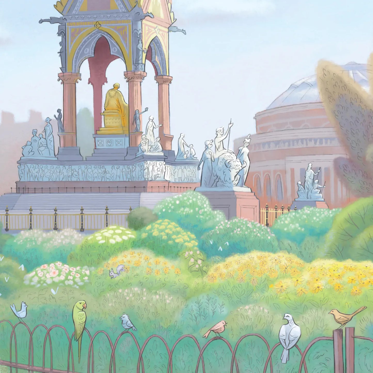 Detail from a print of a painting of the Albert Memorial in Kensington Gardens west London