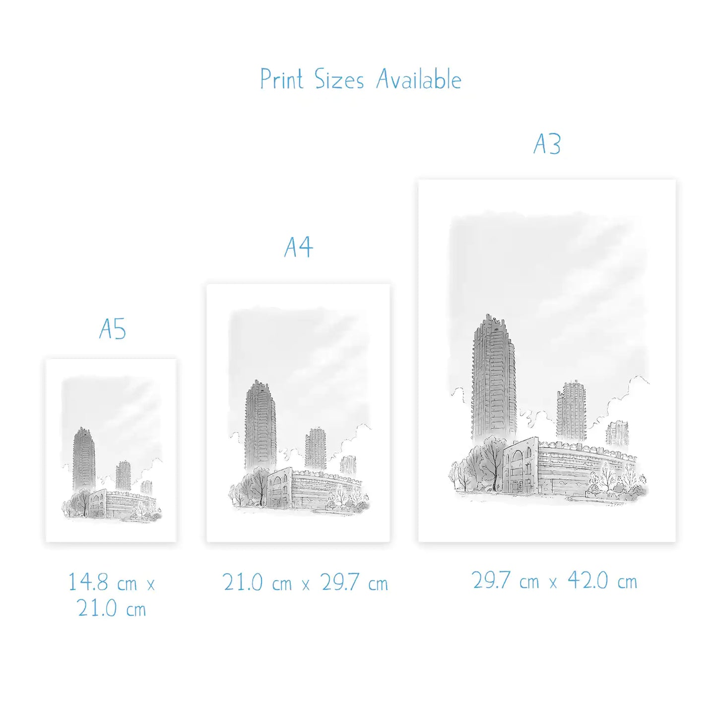 Print dimensions of London's Barbican Towers beautifully sketched by Mike Green Illustration