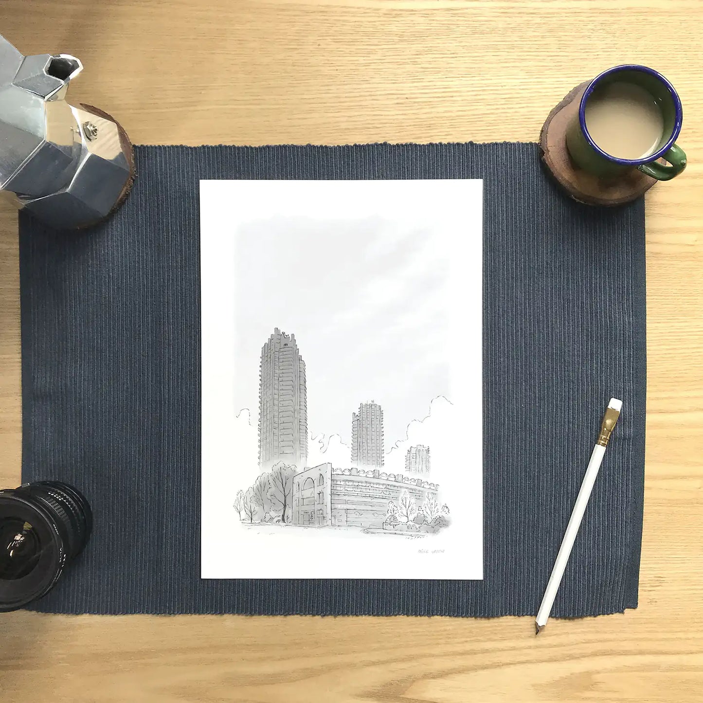 A print of London's Barbican Towers sketched by Mike Green Illustration