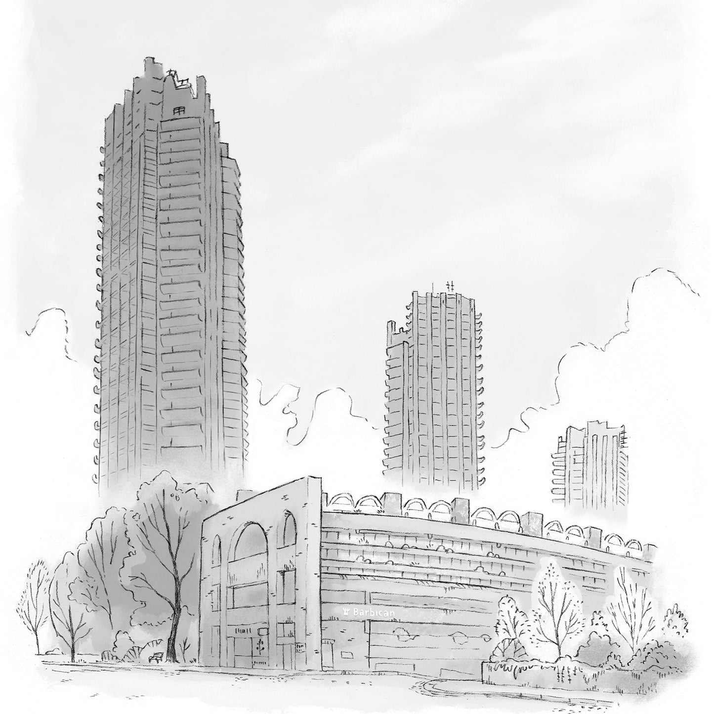 Detail from a print of London's Barbican Towers beautifully illustrated by Mike Green.