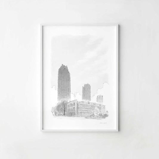 A print of London's Barbican Towers beautifully illustrated by Mike Green.