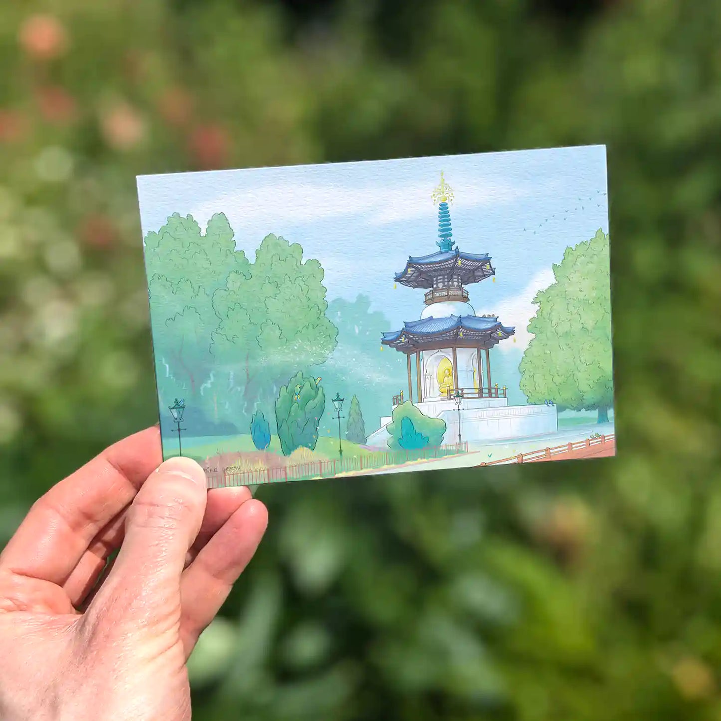 London's Battersea Park Peace Pagoda on a beautifully illustrated greeting card from mike green illustration.