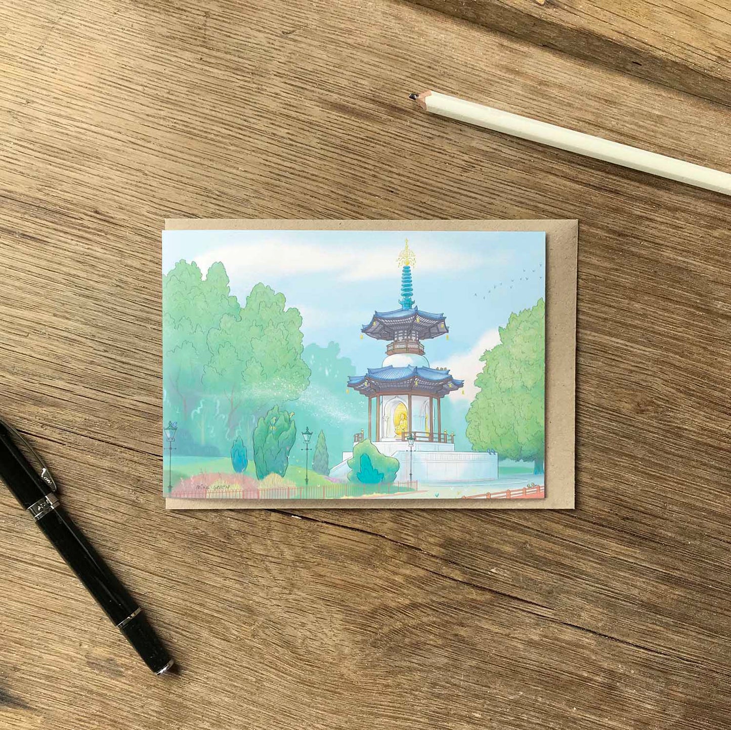 London's Battersea Park Peace Pagoda on a beautifully illustrated greeting card from mike green illustration.