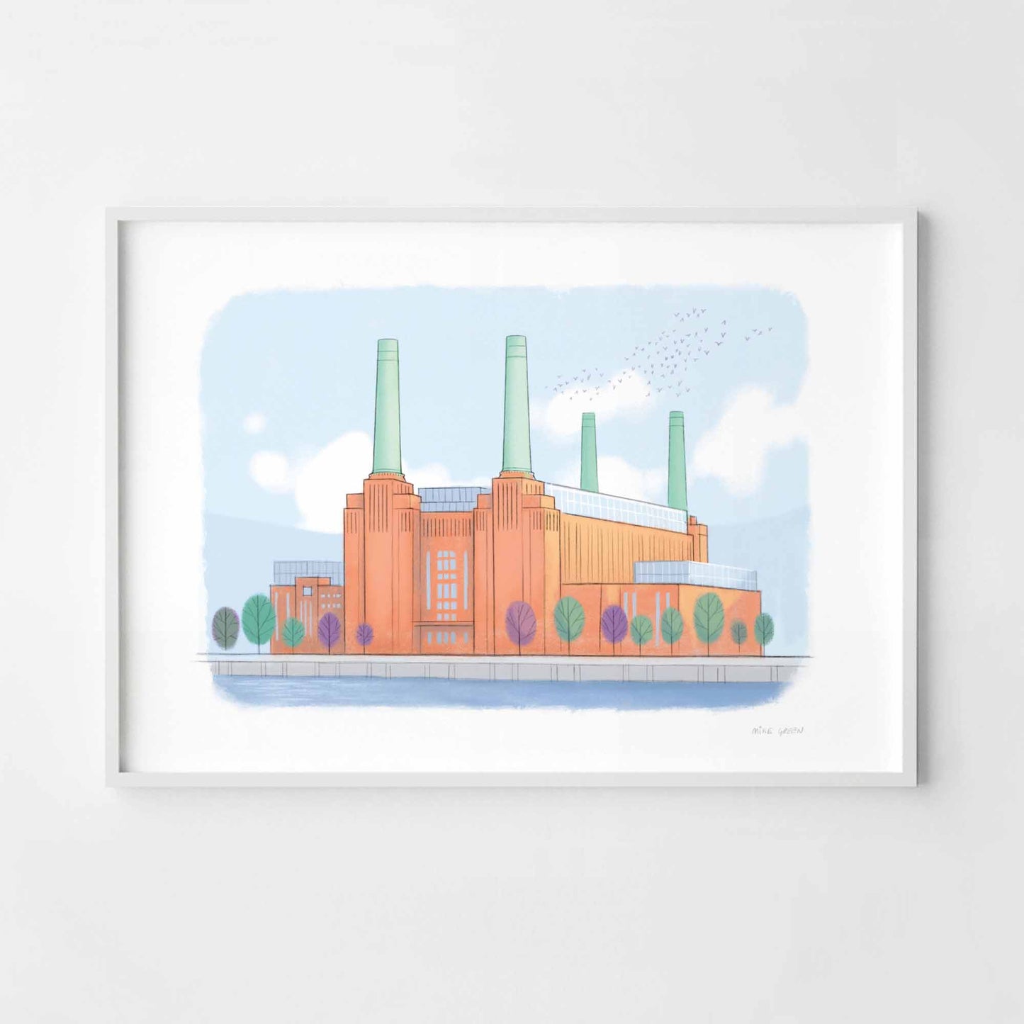 A print of London's Battersea Power Station illustrated by Mike Green.