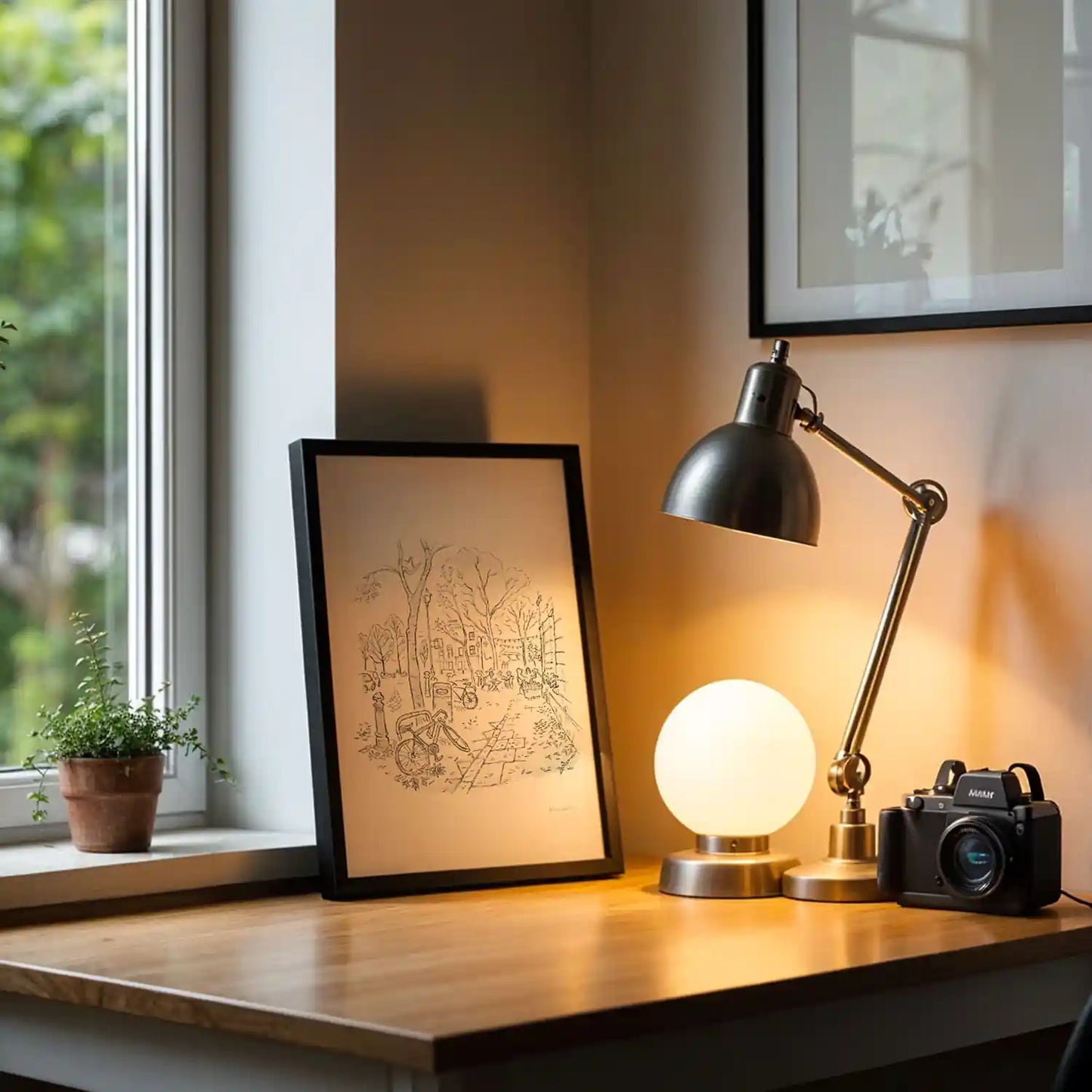 A framed print of a sketch of Battersea Square in London sitting on a desk with a lamp.