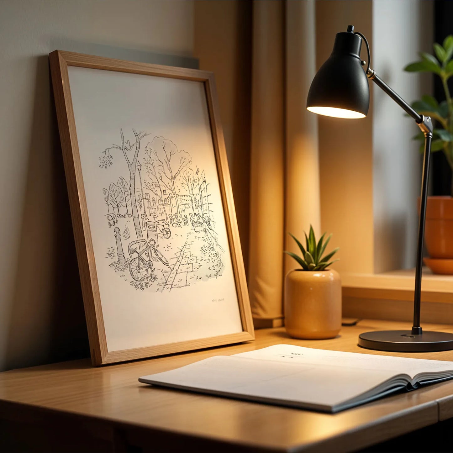 A framed print of a sketch of Battersea Square in London sitting on a desk with a lamp.