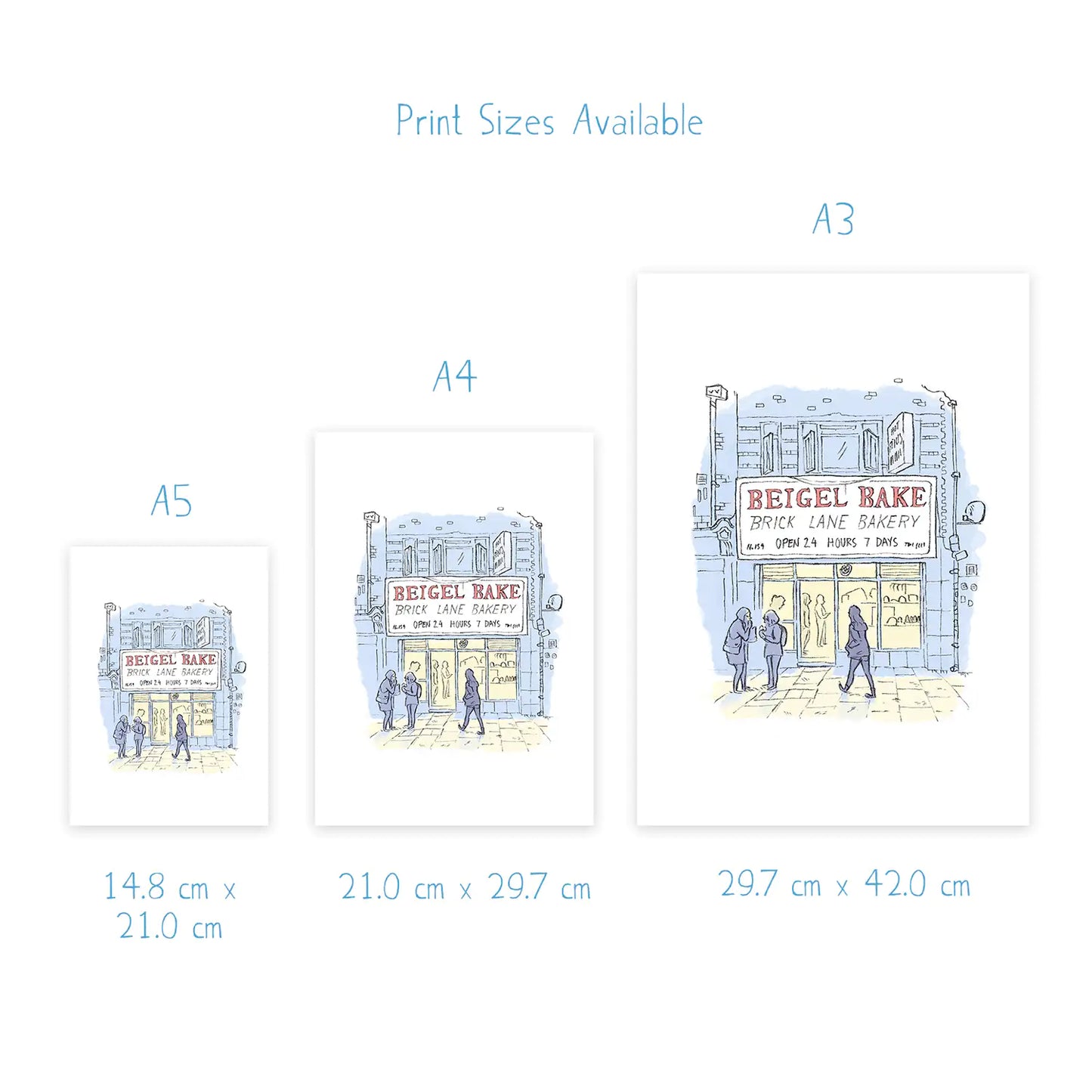 Dimensions for prints of an illustration of Beigel bake brick lane bakery London by Mike Green Illustration