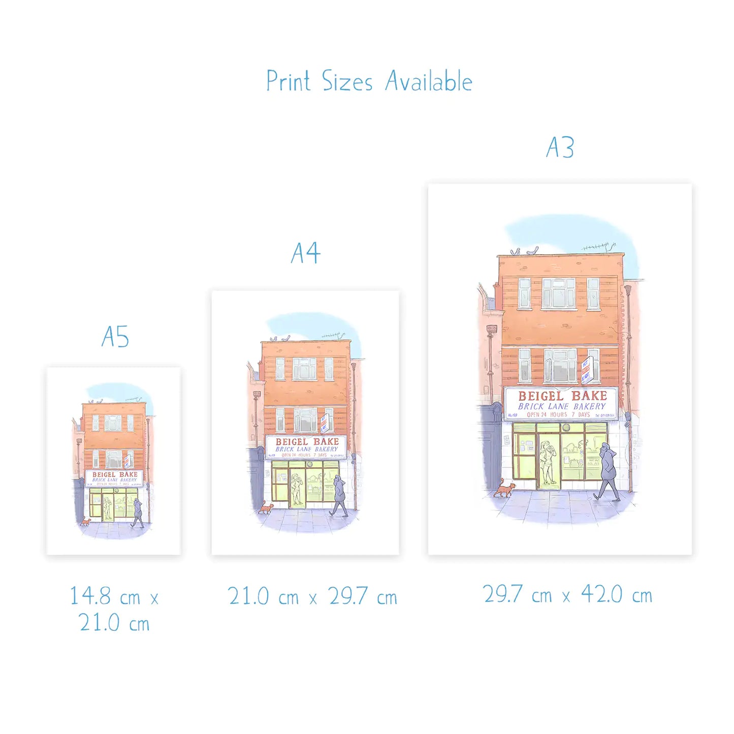 Dimensions for a print of an illustration of Beigel Bake Brick Lane Bakery London
