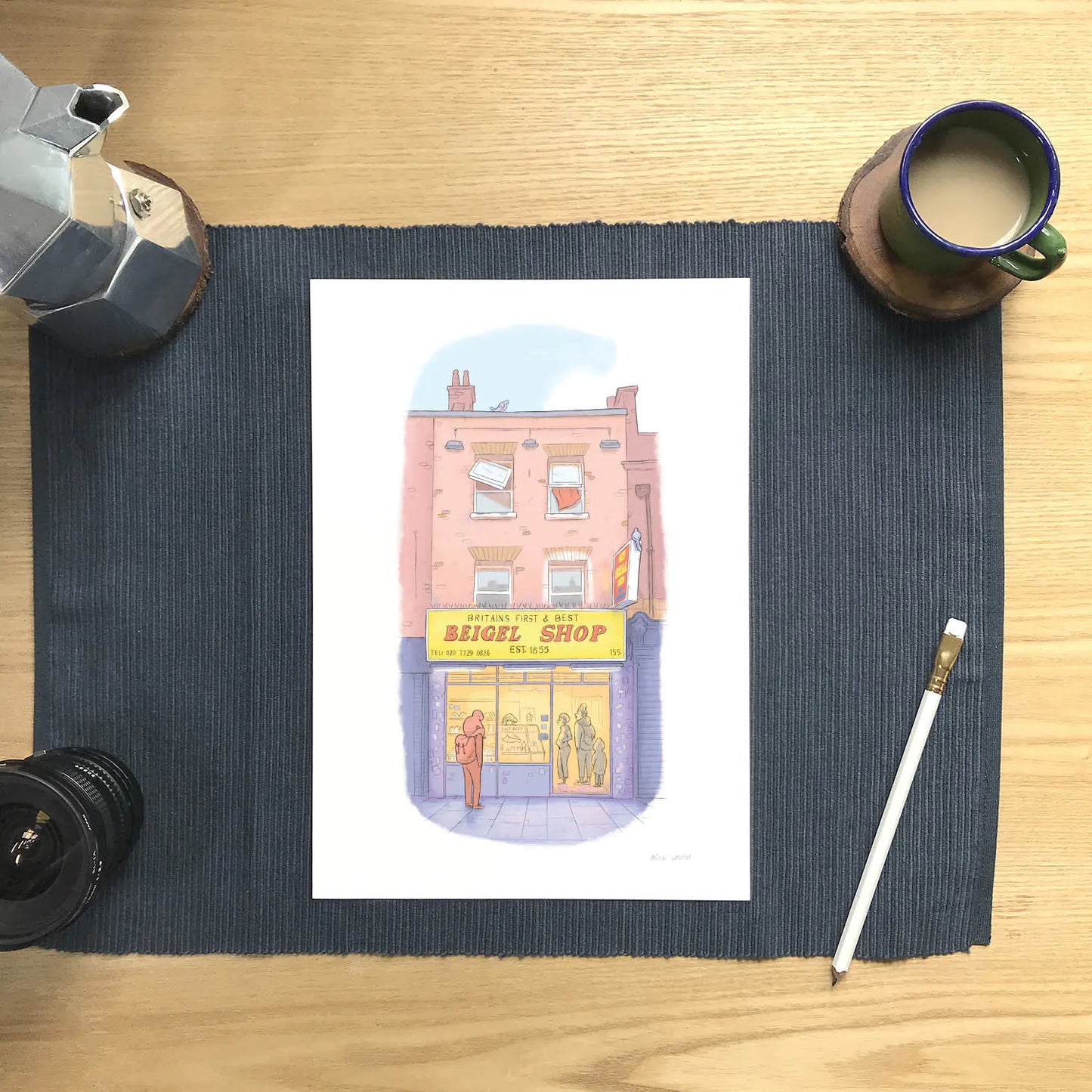 Signed wall art print of an illustration of Beigel shop London
