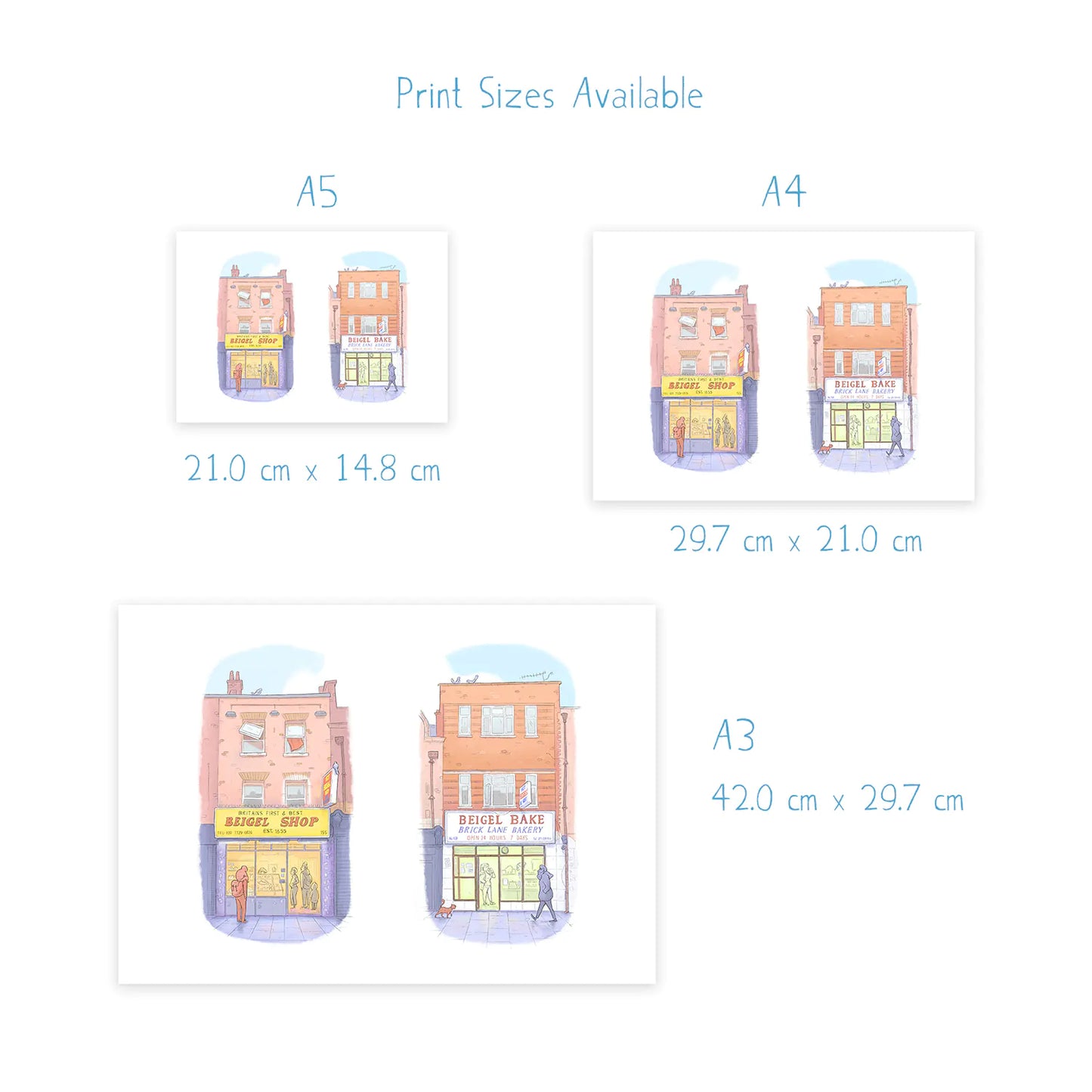 Sizes for an art print of an illustration of the two famous Beigel shops on Brick Lane in London