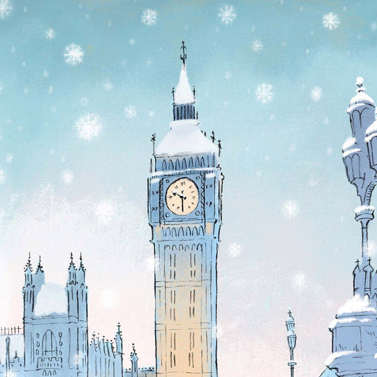 Detail from a wall art print of a painting of big ben in the snow by Mike Green Illustration