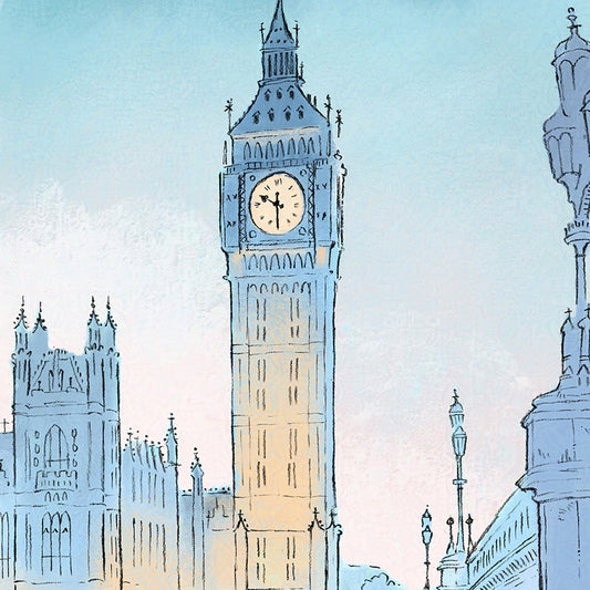 Detail of London's big ben in Westminster at night time from an art print