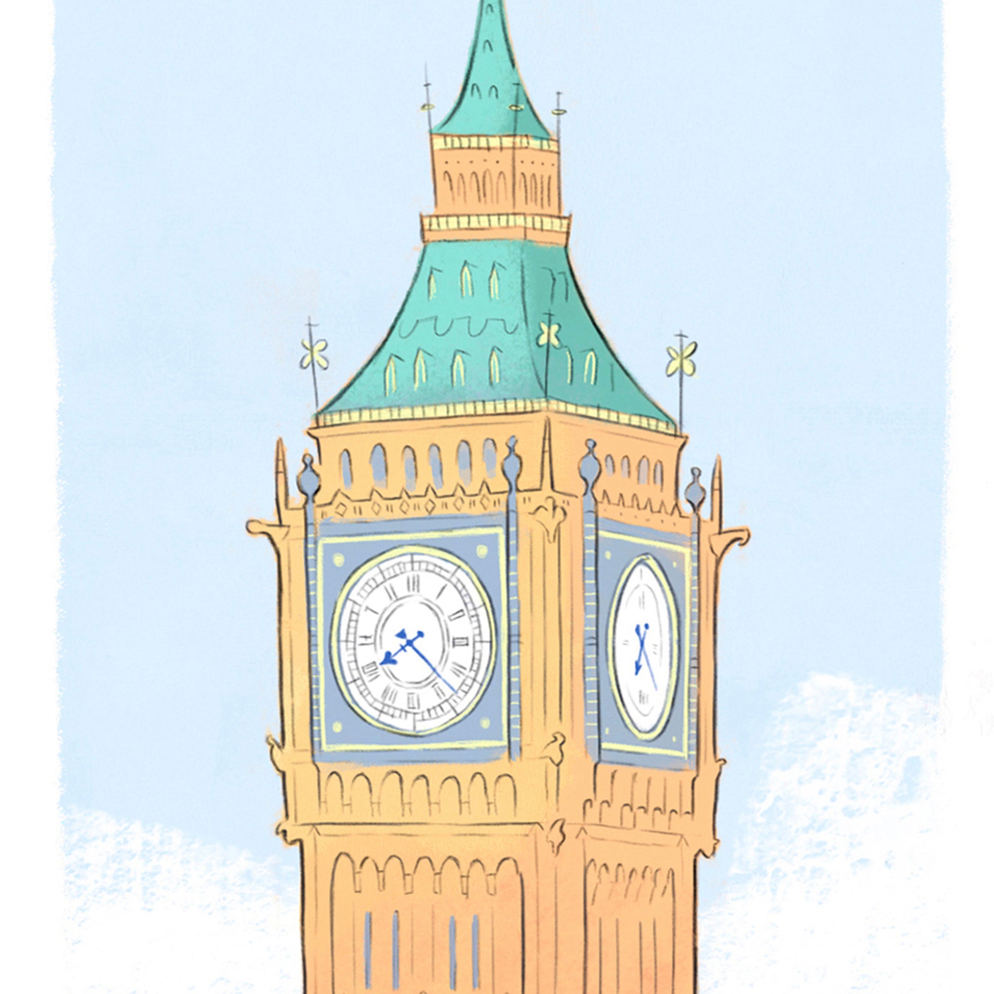 Detail from a print of London's Big Ben beautifully illustrated by Mike Green.