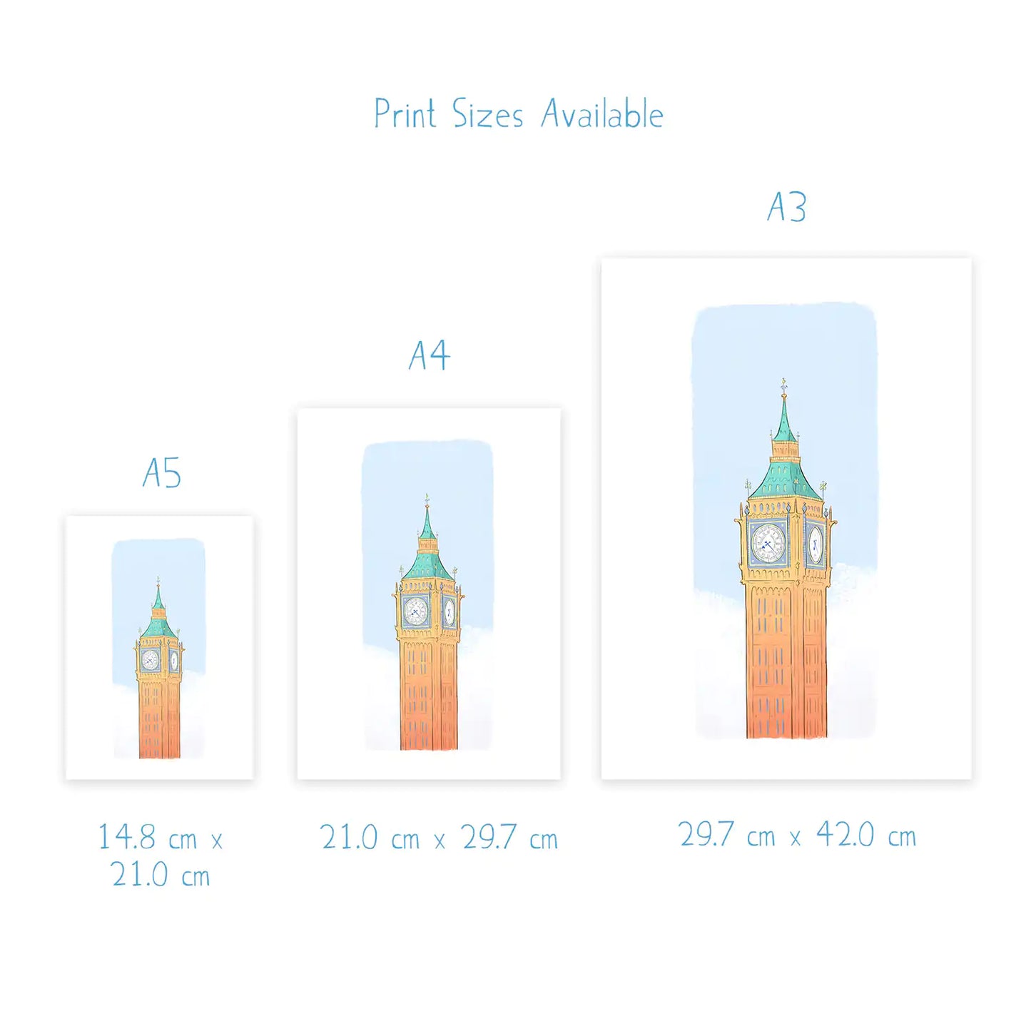 Dimensions for prints of London's Big Ben painted by Mike Green Illustration