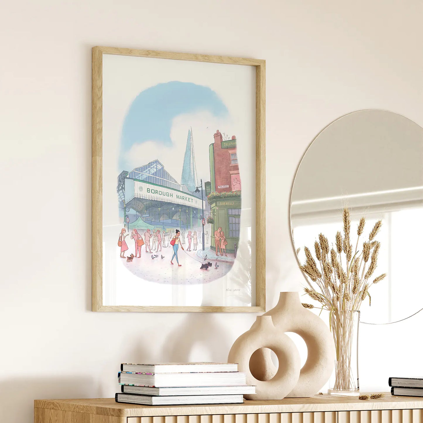 Framed print of lady and her dog in London's borough market