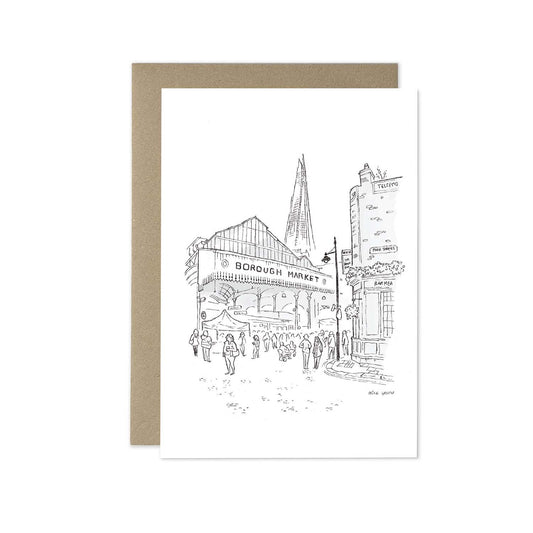 London's Borough Market beautifully illustrated on a greeting card by mike green illustration.