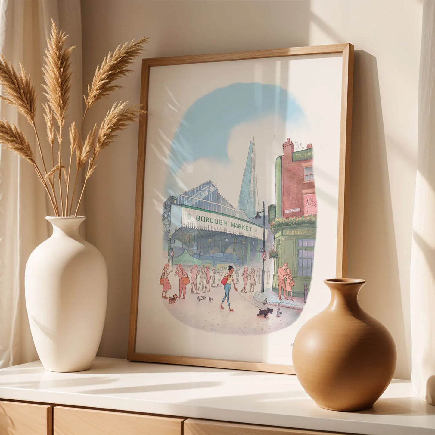 Framed print of a lady and her dog in London's borough market by mike green illustration