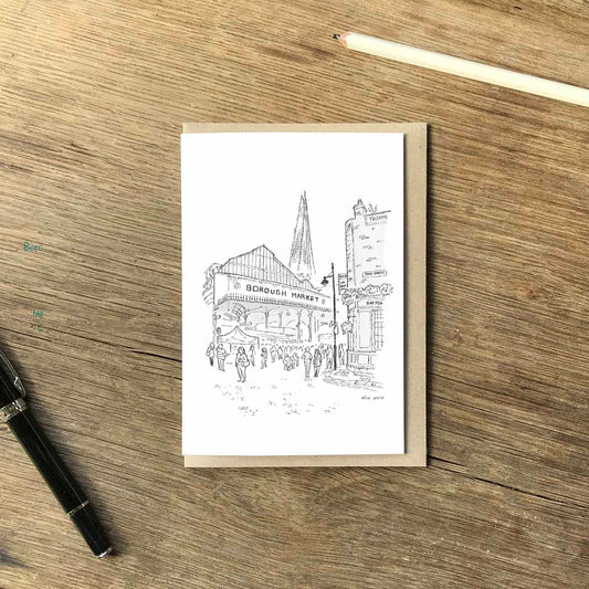 London's Borough Market beautifully illustrated on a greeting card by mike green illustration.
