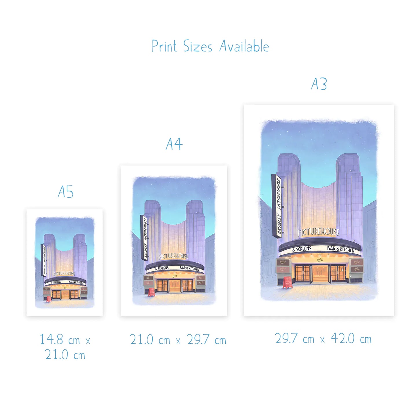 Wall art print sizes for painting of Bromley Picturehouse cinema in south London