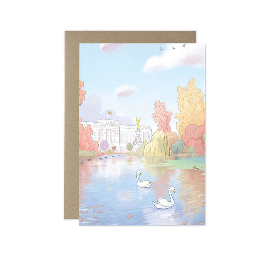 London's Buckingham Palace from St James Park with swans on the lake beautifully illustrated on a greeting card by mike green illustration.