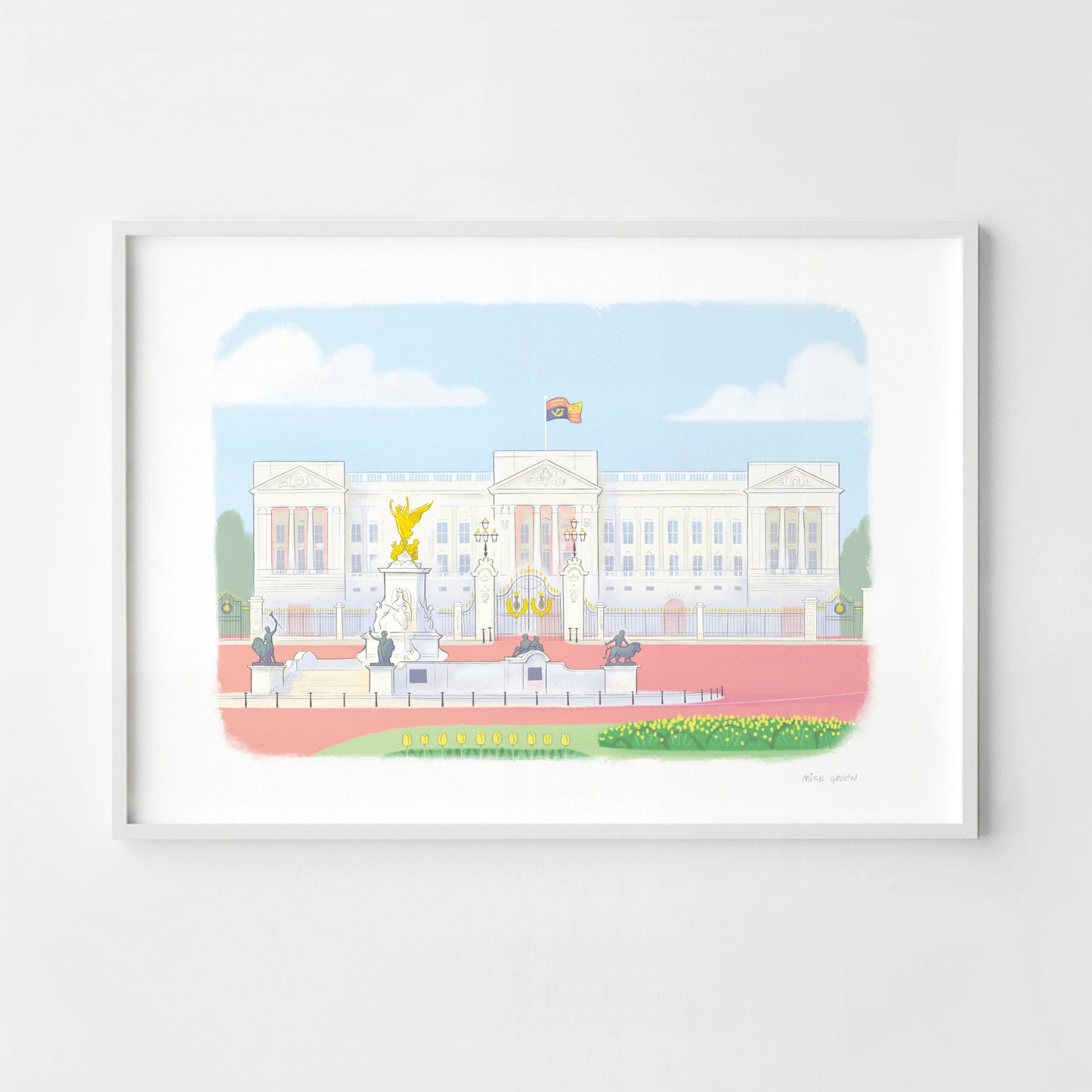 London's Buckingham Palace print in a white frame illustrated by Mike Green Illustration