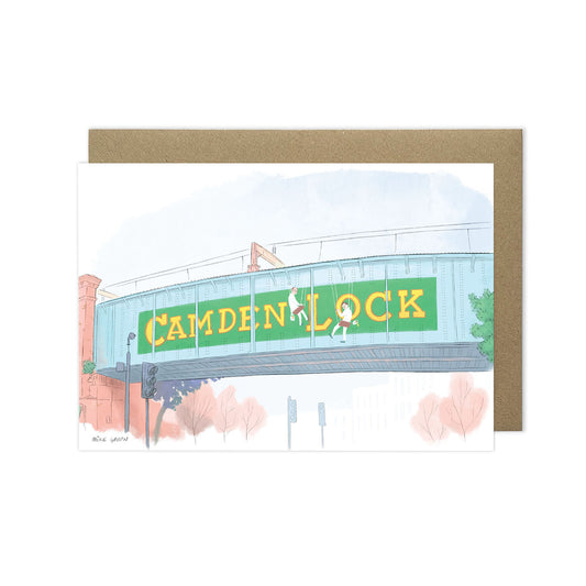 London's Camden Lock bridge beautifully illustrated on a greeting card by mike green illustration.