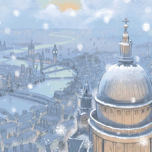 Detail from a wall art print of St Paul's Cathedral and London skyline in the evening with falling snow.