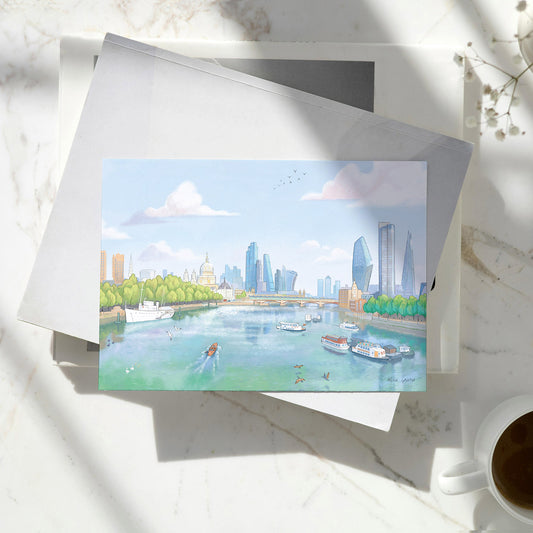 Greetings card of the view from Waterloo Bridge towards the City of London painted by Mike Green Illustration