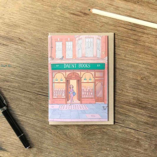 London's Daunt Books beautifully illustrated on a greeting card by mike green illustration.