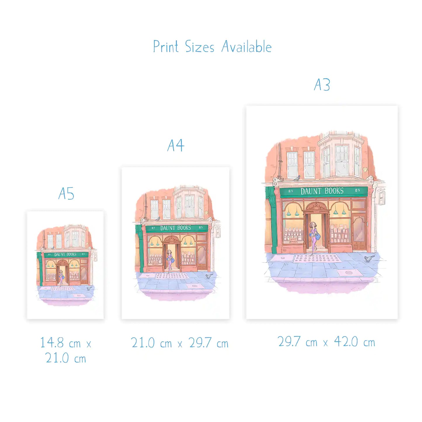 Art print dimensions for a painting of Daunt Books London by Mike Green Illustration