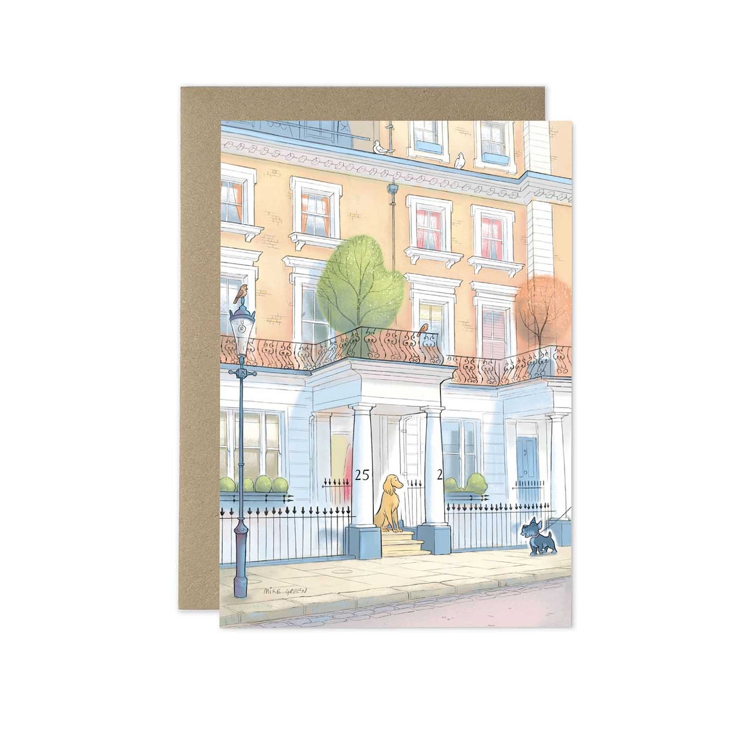 A dog pays a friend a visit on a London street in this beautifully illustrated greeting card by mike green illustration.