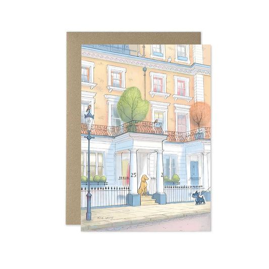 A dog pays a friend a visit on a London street in this beautifully illustrated greeting card by mike green illustration.