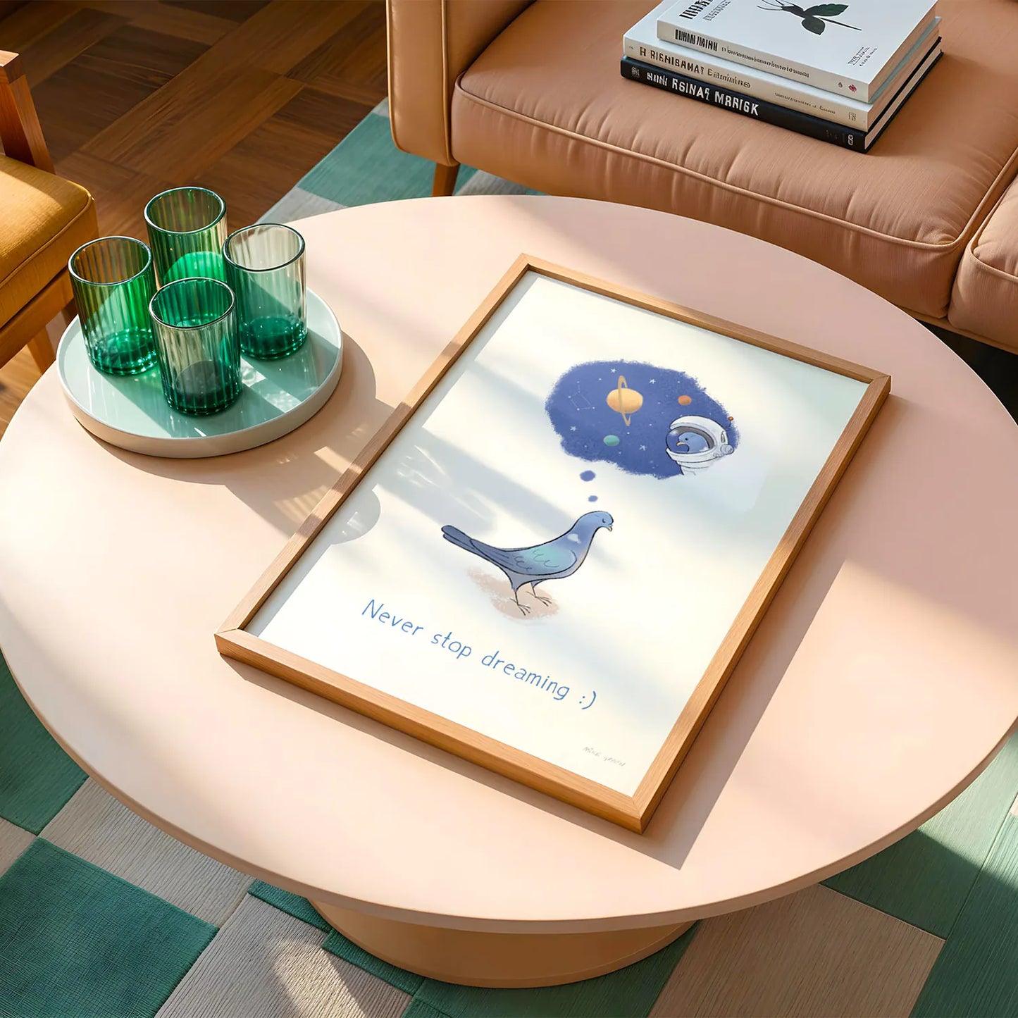 Framed print of a pigeon dreaming about going into space with the text 'never stop dreaming' on a pink round table with green glasses