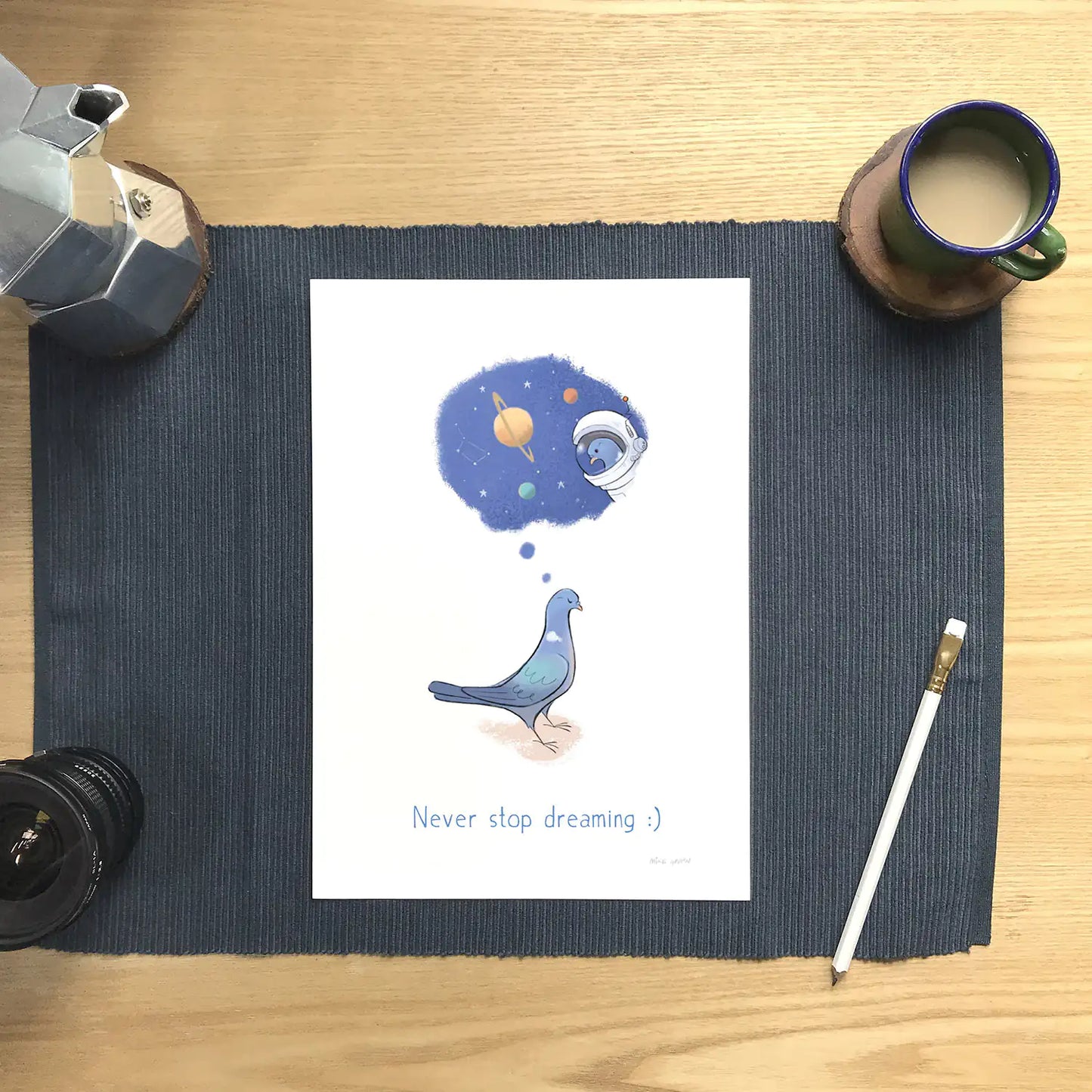 Print of a pigeon dreaming about going into space with the text 'never stop dreaming'.
