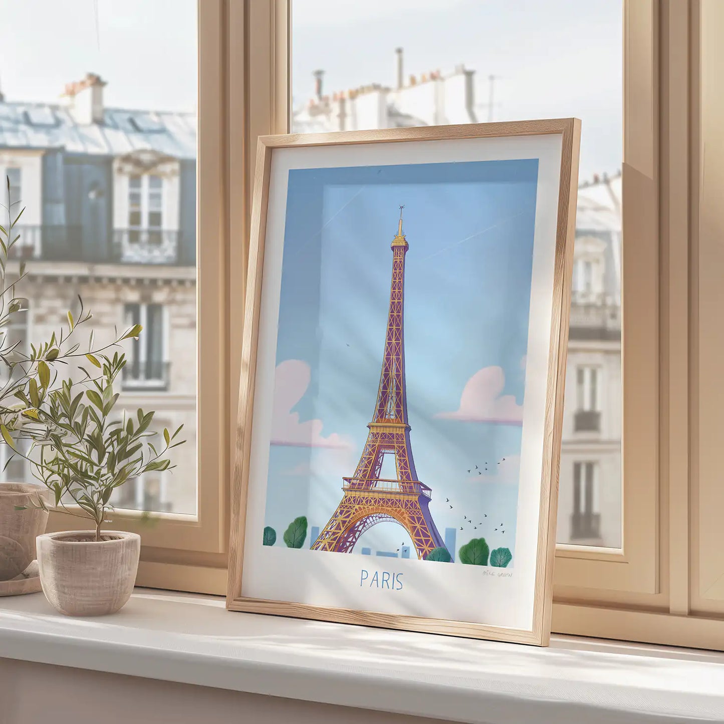 Framed print of an illustration of a the Eifel tower in Paris on a window sill in Paris
