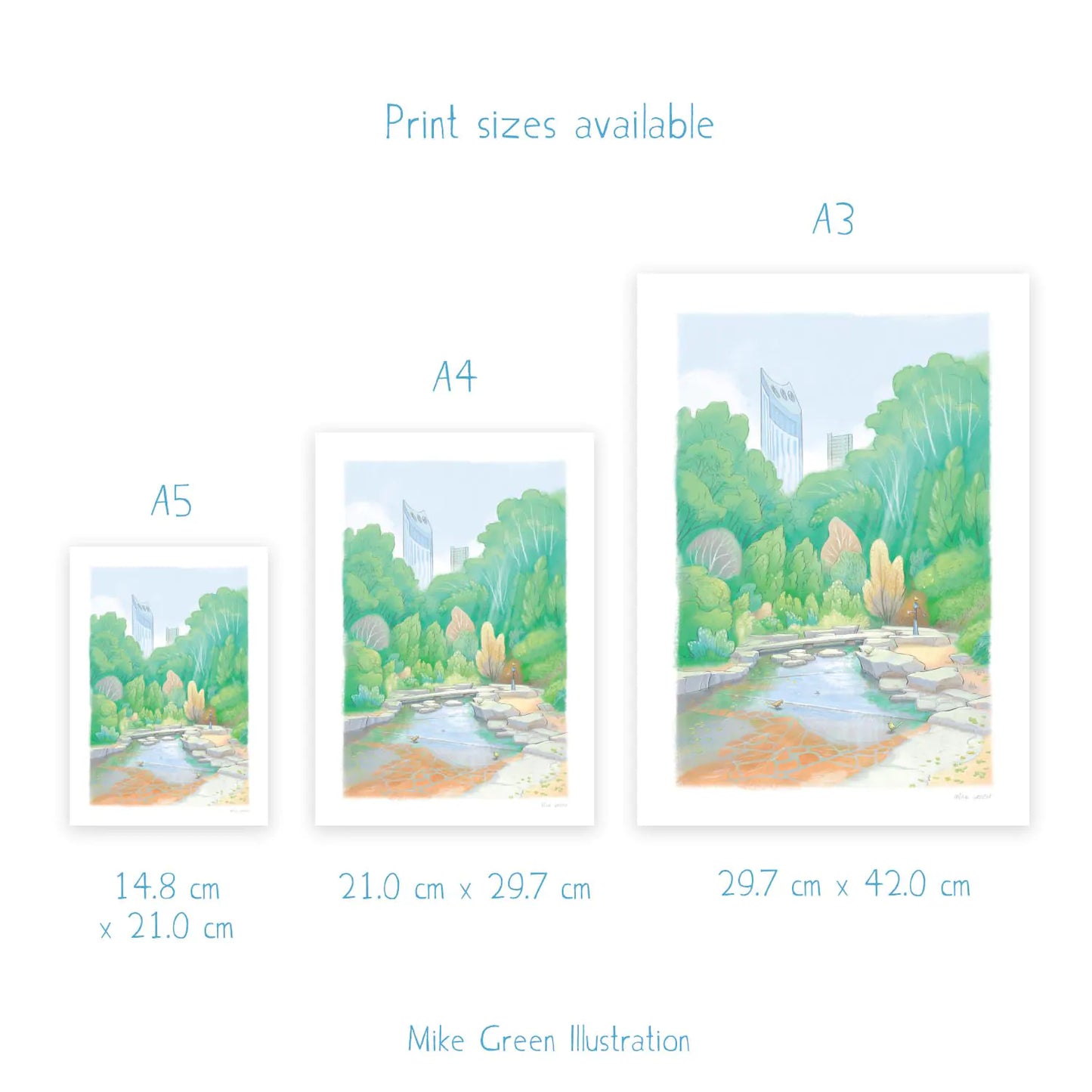 Sizes for signed wall art prints of a painting of Elephant Park in London's Elephant and Castle