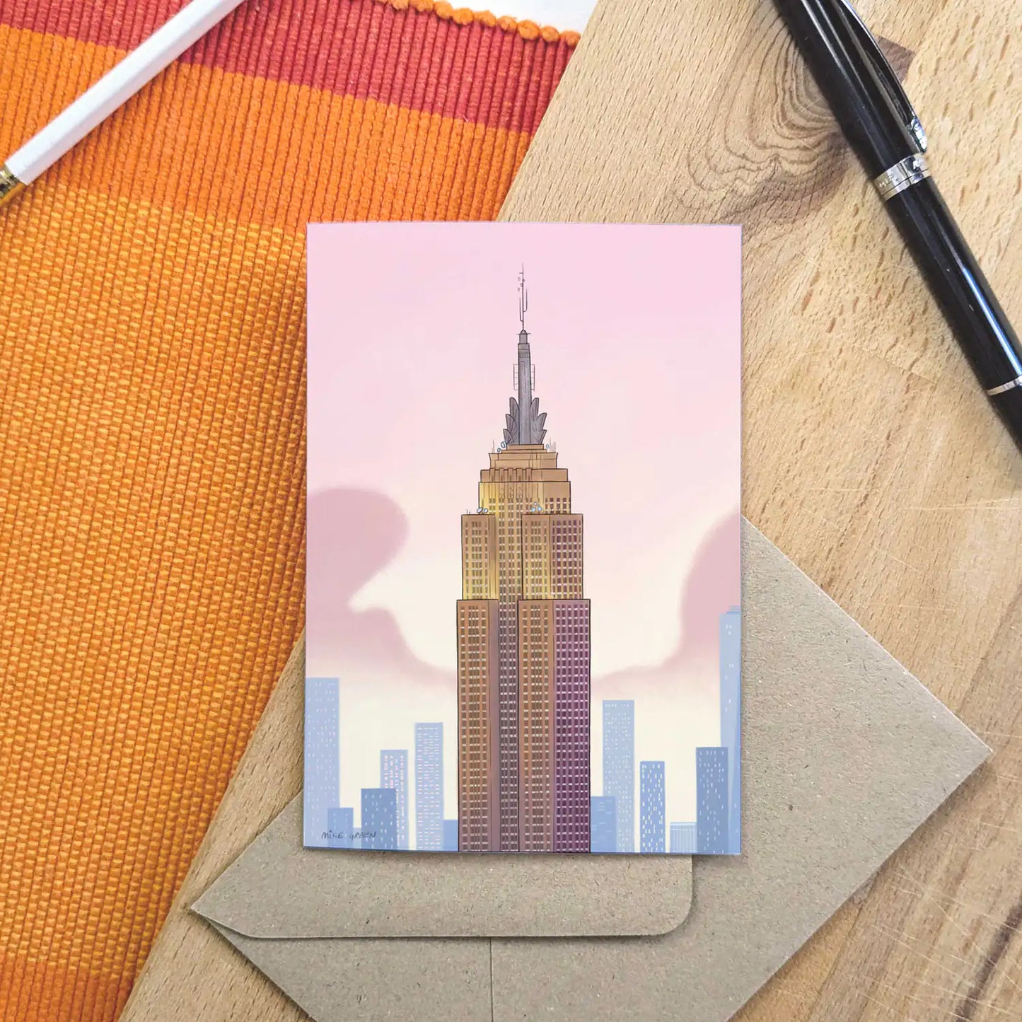 New York's Empire State Building beautifully illustrated on a greeting card by mike green illustration.