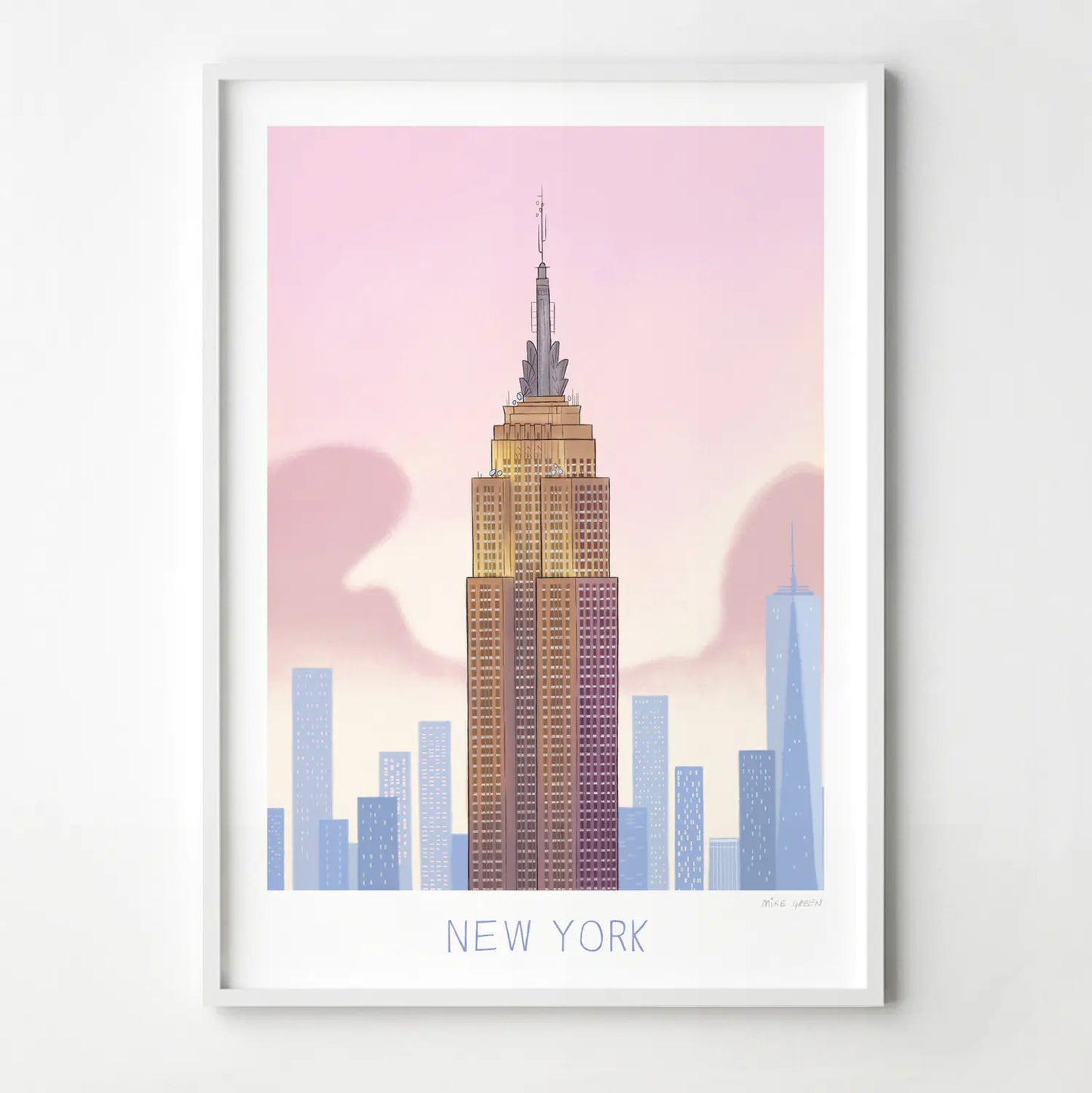 Framed print of an illustration of the Empire State Building in New York with New York written underneath